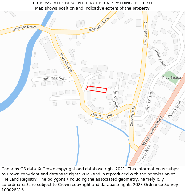 1, CROSSGATE CRESCENT, PINCHBECK, SPALDING, PE11 3XL: Location map and indicative extent of plot