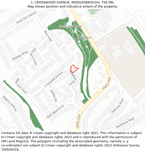 1, CROSSWOOD AVENUE, MIDDLESBROUGH, TS6 0NL: Location map and indicative extent of plot