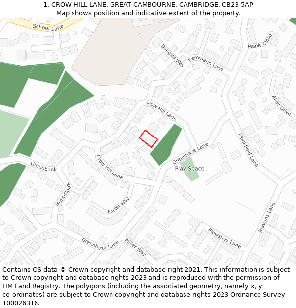 1, CROW HILL LANE, GREAT CAMBOURNE, CAMBRIDGE, CB23 5AP: Location map and indicative extent of plot