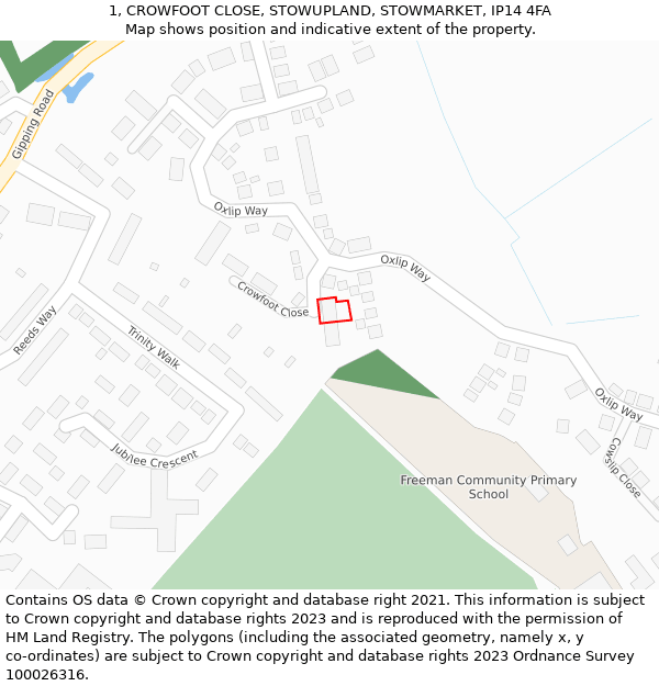 1, CROWFOOT CLOSE, STOWUPLAND, STOWMARKET, IP14 4FA: Location map and indicative extent of plot