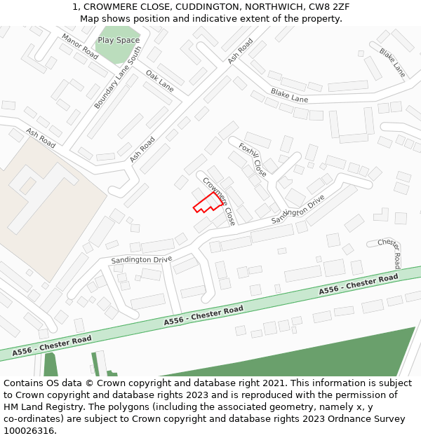 1, CROWMERE CLOSE, CUDDINGTON, NORTHWICH, CW8 2ZF: Location map and indicative extent of plot