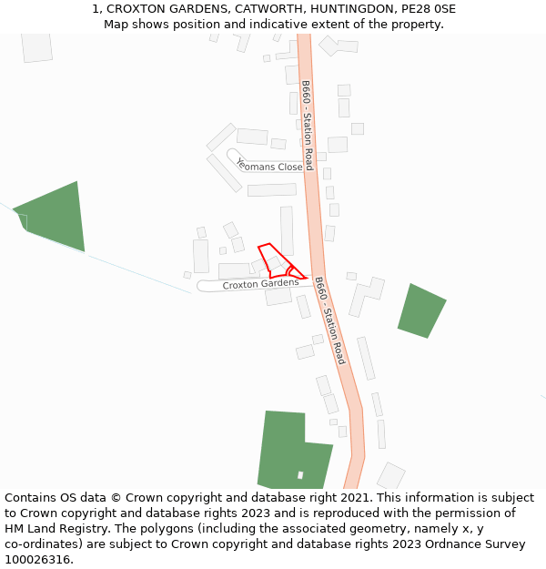1, CROXTON GARDENS, CATWORTH, HUNTINGDON, PE28 0SE: Location map and indicative extent of plot