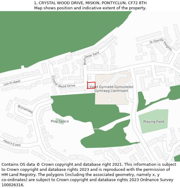 1, CRYSTAL WOOD DRIVE, MISKIN, PONTYCLUN, CF72 8TH: Location map and indicative extent of plot