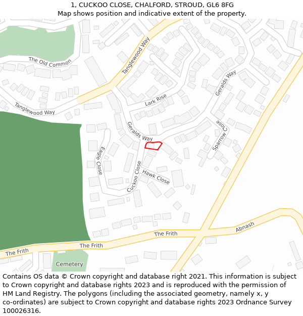 1, CUCKOO CLOSE, CHALFORD, STROUD, GL6 8FG: Location map and indicative extent of plot