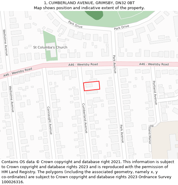 1, CUMBERLAND AVENUE, GRIMSBY, DN32 0BT: Location map and indicative extent of plot