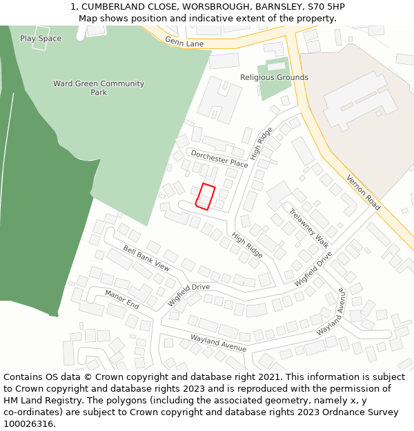 1, CUMBERLAND CLOSE, WORSBROUGH, BARNSLEY, S70 5HP: Location map and indicative extent of plot