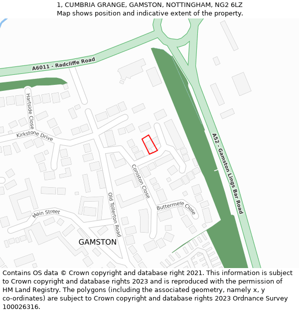 1, CUMBRIA GRANGE, GAMSTON, NOTTINGHAM, NG2 6LZ: Location map and indicative extent of plot
