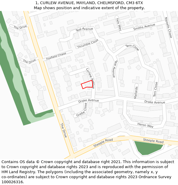 1, CURLEW AVENUE, MAYLAND, CHELMSFORD, CM3 6TX: Location map and indicative extent of plot