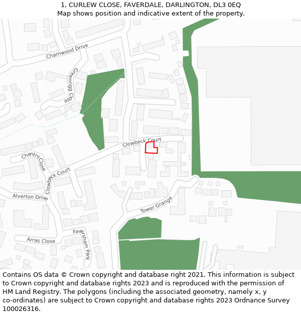 1, CURLEW CLOSE, FAVERDALE, DARLINGTON, DL3 0EQ: Location map and indicative extent of plot