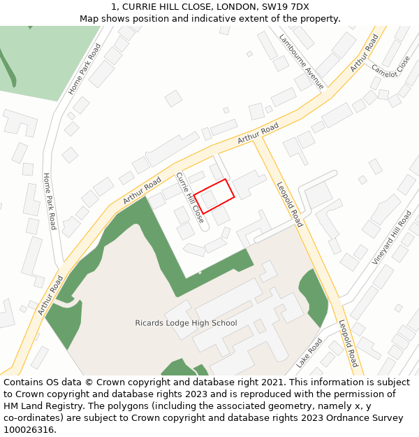 1, CURRIE HILL CLOSE, LONDON, SW19 7DX: Location map and indicative extent of plot