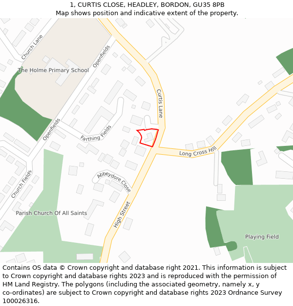 1, CURTIS CLOSE, HEADLEY, BORDON, GU35 8PB: Location map and indicative extent of plot
