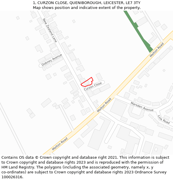 1, CURZON CLOSE, QUENIBOROUGH, LEICESTER, LE7 3TY: Location map and indicative extent of plot