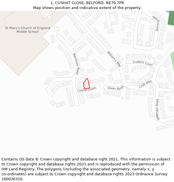 1, CUSHAT CLOSE, BELFORD, NE70 7PR: Location map and indicative extent of plot