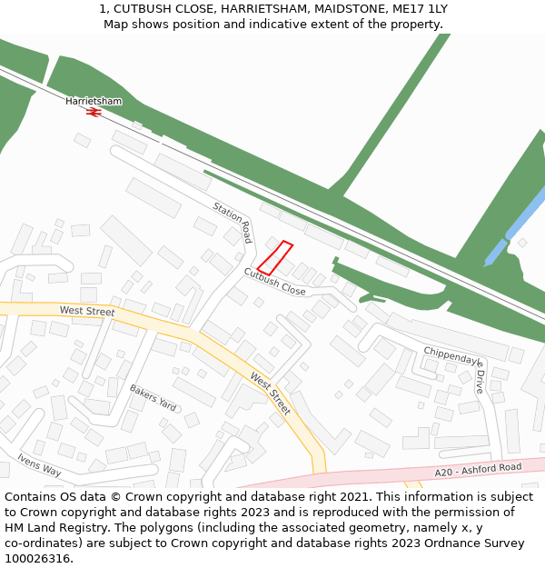 1, CUTBUSH CLOSE, HARRIETSHAM, MAIDSTONE, ME17 1LY: Location map and indicative extent of plot