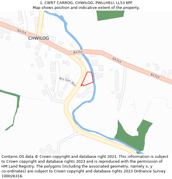 1, CWRT CARROG, CHWILOG, PWLLHELI, LL53 6PF: Location map and indicative extent of plot