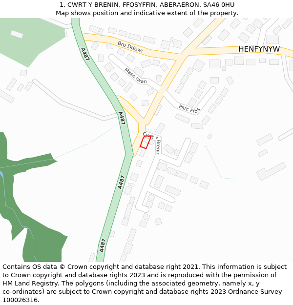 1, CWRT Y BRENIN, FFOSYFFIN, ABERAERON, SA46 0HU: Location map and indicative extent of plot