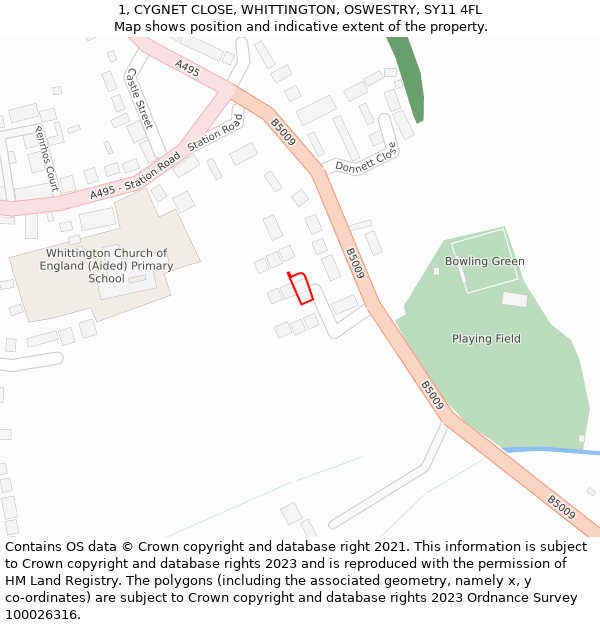 1, CYGNET CLOSE, WHITTINGTON, OSWESTRY, SY11 4FL: Location map and indicative extent of plot