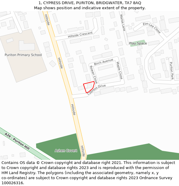 1, CYPRESS DRIVE, PURITON, BRIDGWATER, TA7 8AQ: Location map and indicative extent of plot