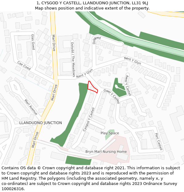 1, CYSGOD Y CASTELL, LLANDUDNO JUNCTION, LL31 9LJ: Location map and indicative extent of plot