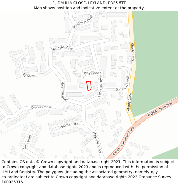 1, DAHLIA CLOSE, LEYLAND, PR25 5TF: Location map and indicative extent of plot