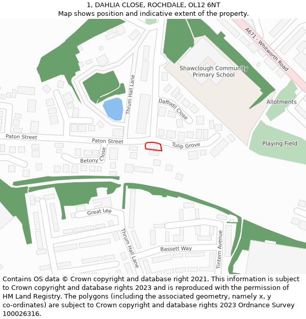 1, DAHLIA CLOSE, ROCHDALE, OL12 6NT: Location map and indicative extent of plot