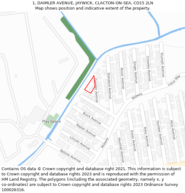 1, DAIMLER AVENUE, JAYWICK, CLACTON-ON-SEA, CO15 2LN: Location map and indicative extent of plot