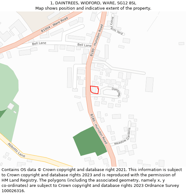 1, DAINTREES, WIDFORD, WARE, SG12 8SL: Location map and indicative extent of plot