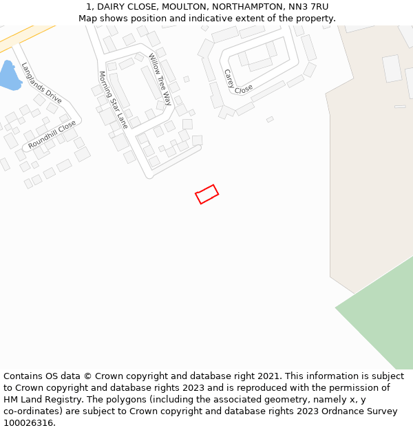 1, DAIRY CLOSE, MOULTON, NORTHAMPTON, NN3 7RU: Location map and indicative extent of plot