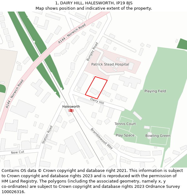 1, DAIRY HILL, HALESWORTH, IP19 8JS: Location map and indicative extent of plot