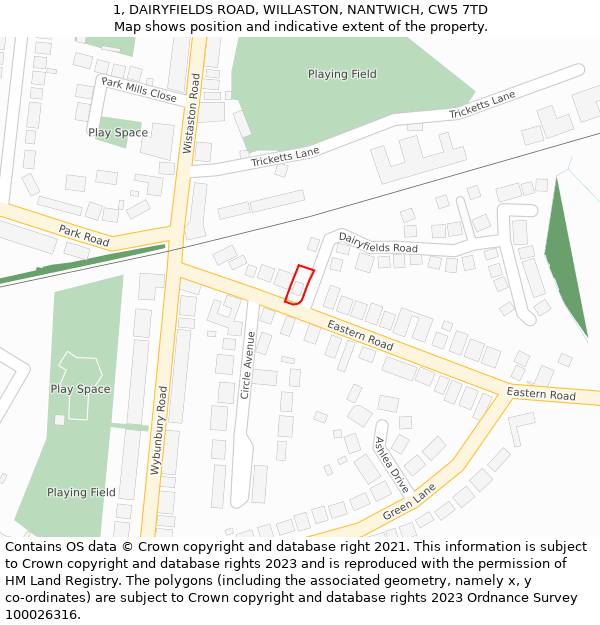 1, DAIRYFIELDS ROAD, WILLASTON, NANTWICH, CW5 7TD: Location map and indicative extent of plot