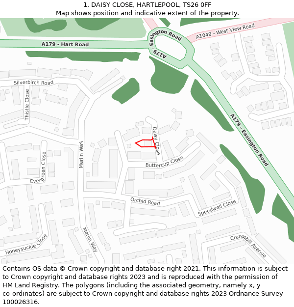 1, DAISY CLOSE, HARTLEPOOL, TS26 0FF: Location map and indicative extent of plot