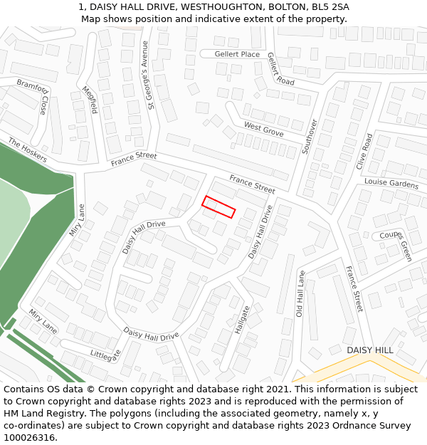 1, DAISY HALL DRIVE, WESTHOUGHTON, BOLTON, BL5 2SA: Location map and indicative extent of plot