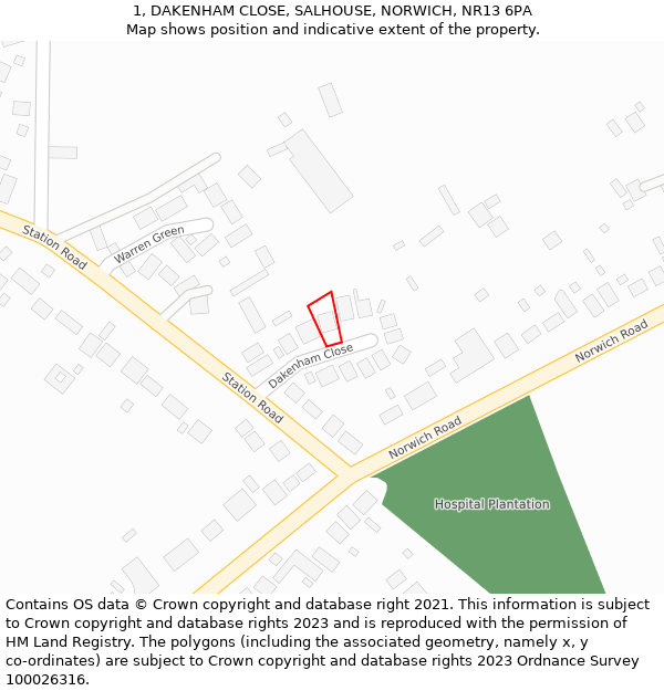 1, DAKENHAM CLOSE, SALHOUSE, NORWICH, NR13 6PA: Location map and indicative extent of plot