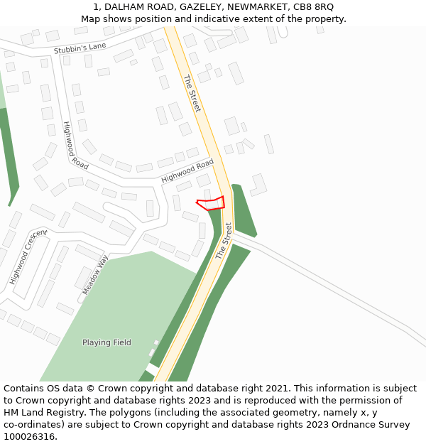 1, DALHAM ROAD, GAZELEY, NEWMARKET, CB8 8RQ: Location map and indicative extent of plot