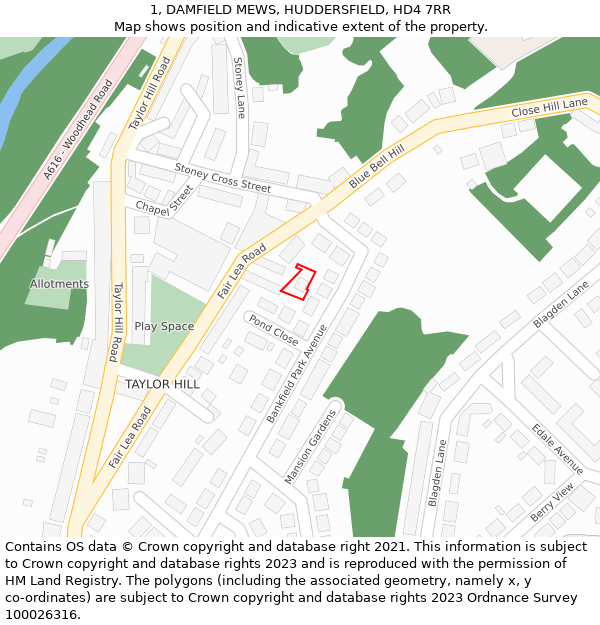 1, DAMFIELD MEWS, HUDDERSFIELD, HD4 7RR: Location map and indicative extent of plot