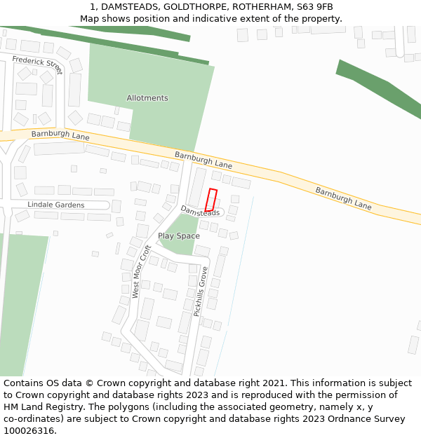 1, DAMSTEADS, GOLDTHORPE, ROTHERHAM, S63 9FB: Location map and indicative extent of plot