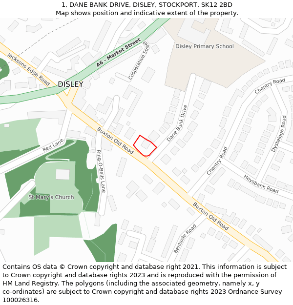 1, DANE BANK DRIVE, DISLEY, STOCKPORT, SK12 2BD: Location map and indicative extent of plot