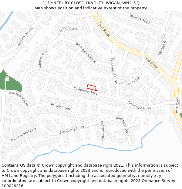 1, DANEBURY CLOSE, HINDLEY, WIGAN, WN2 3JQ: Location map and indicative extent of plot