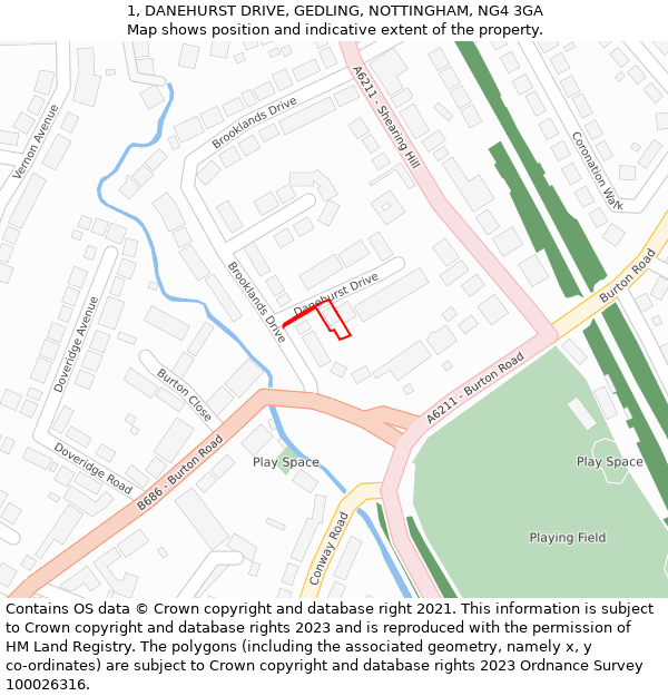 1, DANEHURST DRIVE, GEDLING, NOTTINGHAM, NG4 3GA: Location map and indicative extent of plot