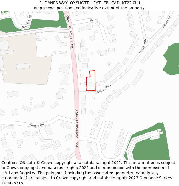 1, DANES WAY, OXSHOTT, LEATHERHEAD, KT22 0LU: Location map and indicative extent of plot