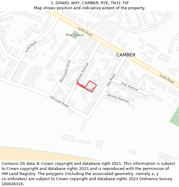 1, DANIEL WAY, CAMBER, RYE, TN31 7SF: Location map and indicative extent of plot