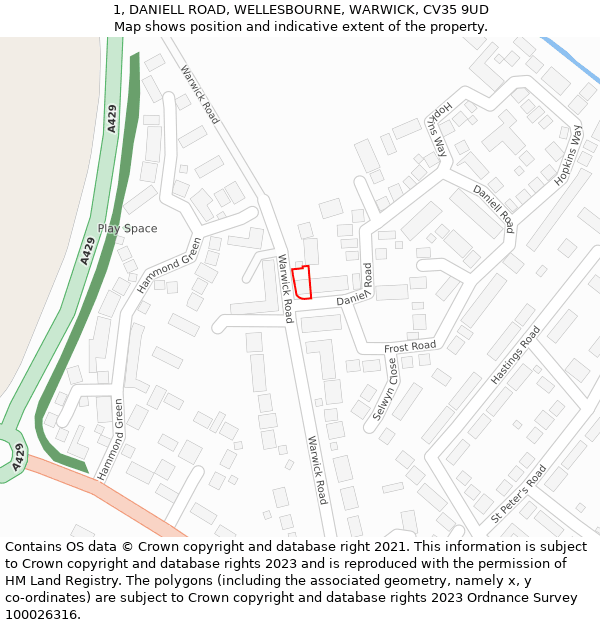 1, DANIELL ROAD, WELLESBOURNE, WARWICK, CV35 9UD: Location map and indicative extent of plot