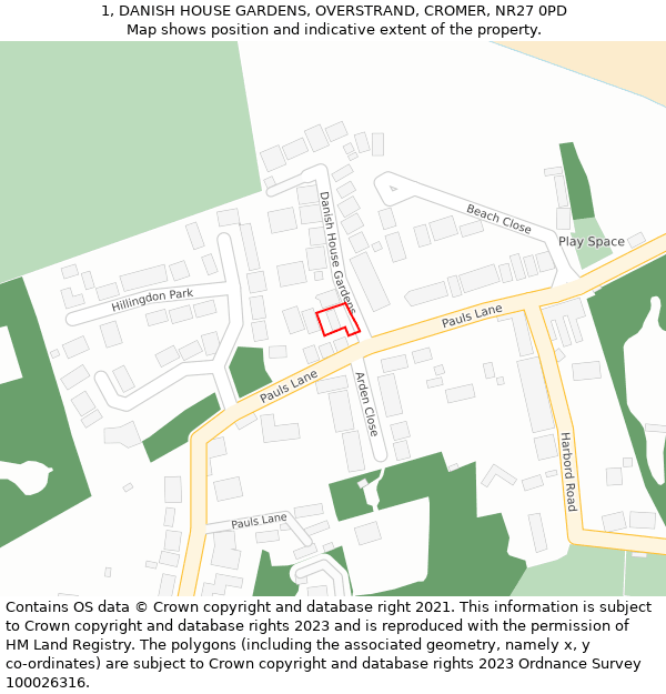 1, DANISH HOUSE GARDENS, OVERSTRAND, CROMER, NR27 0PD: Location map and indicative extent of plot