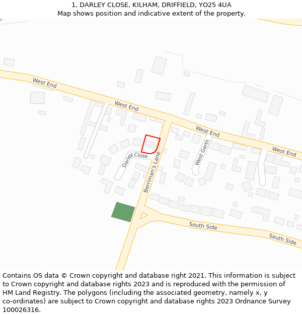 1, DARLEY CLOSE, KILHAM, DRIFFIELD, YO25 4UA: Location map and indicative extent of plot