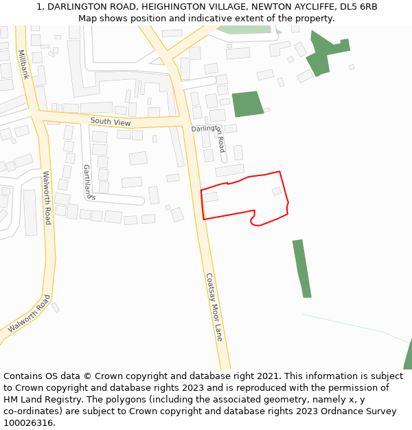 1, DARLINGTON ROAD, HEIGHINGTON VILLAGE, NEWTON AYCLIFFE, DL5 6RB: Location map and indicative extent of plot