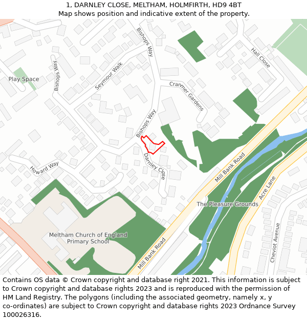 1, DARNLEY CLOSE, MELTHAM, HOLMFIRTH, HD9 4BT: Location map and indicative extent of plot