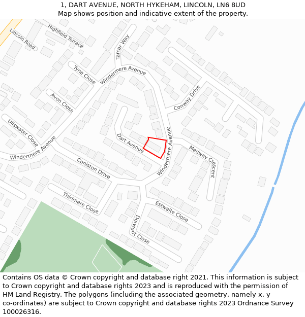 1, DART AVENUE, NORTH HYKEHAM, LINCOLN, LN6 8UD: Location map and indicative extent of plot