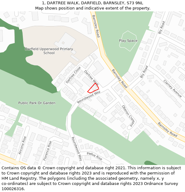 1, DARTREE WALK, DARFIELD, BARNSLEY, S73 9NL: Location map and indicative extent of plot