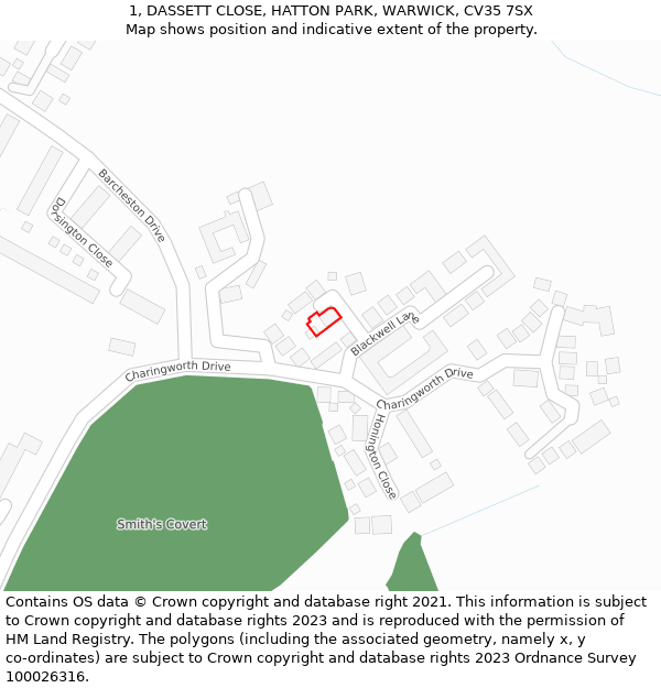 1, DASSETT CLOSE, HATTON PARK, WARWICK, CV35 7SX: Location map and indicative extent of plot