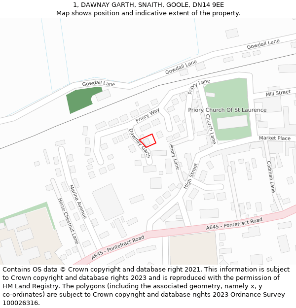 1, DAWNAY GARTH, SNAITH, GOOLE, DN14 9EE: Location map and indicative extent of plot